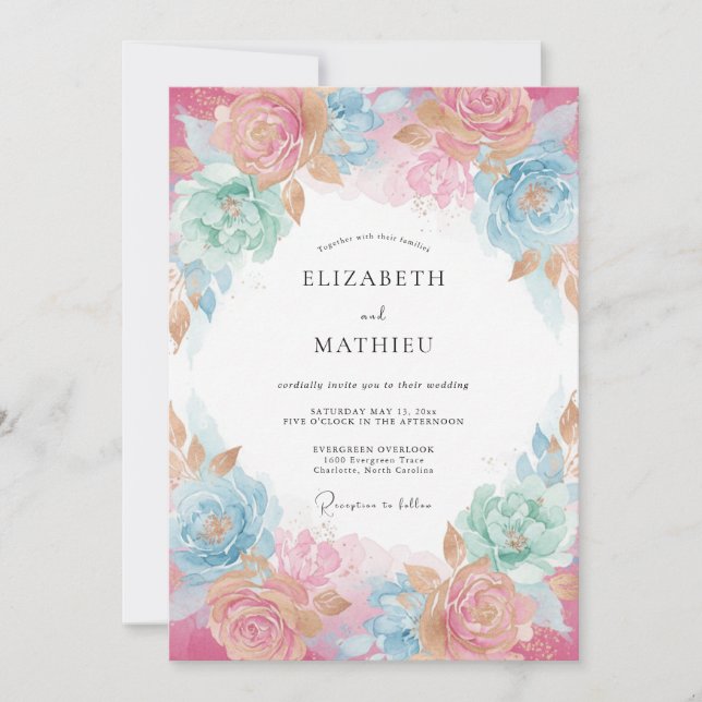 Invitation Mariage Aquarelle Rose Pâle et Aérien (Devant)