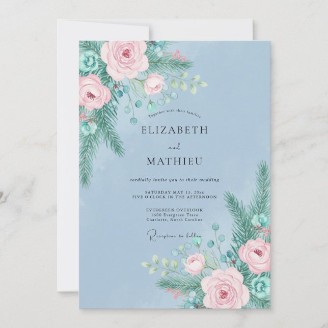 Invitation Mariage Aquarelle Rose Pâle et Pin (Devant)