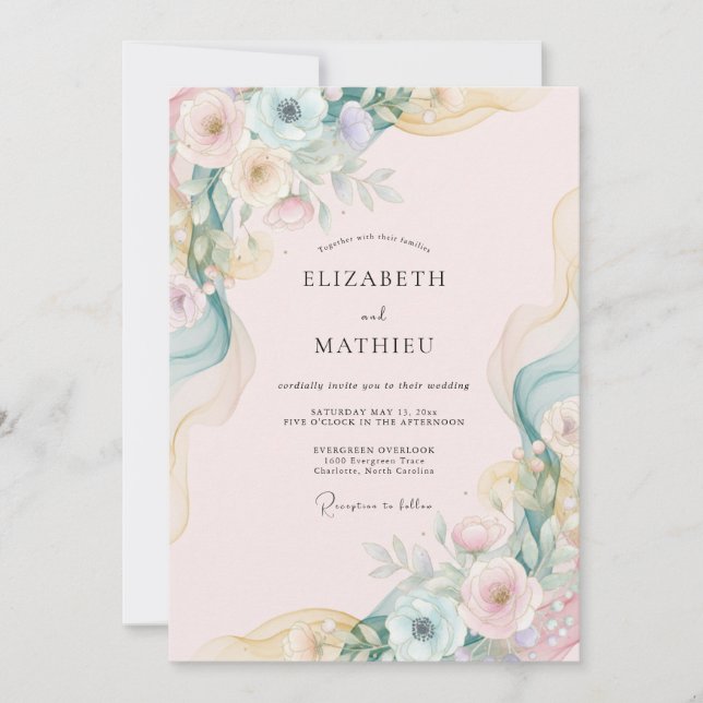 Invitation Mariage Aquarelle Rose Pâle Menthe (Devant)