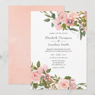Invitation Mariage aquarelle rose poudré et or rose Roses