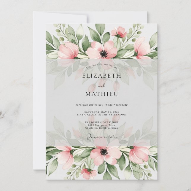 Invitation Mariage aquarelle rose tendre charmant (Devant)