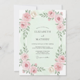 Invitation Mariage aquarelle rose tendre et écume de mer