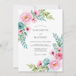 Invitation Mariage Aquarelle Rose Turquoise Vivant