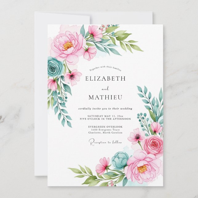 Invitation Mariage Aquarelle Rose Turquoise Vivant (Devant)