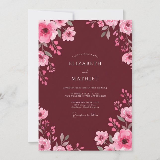 Invitation Mariage aquarelle rose vin (Devant)