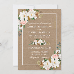 Invitation Mariage Aquarelle Roses Blanc Magnolias Kraft