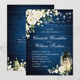 Invitation Mariage Aquarelle Roses Blanches Lanterne en Bois