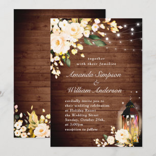 Invitation Mariage aquarelle Roses et Lanterne Bois & Blush