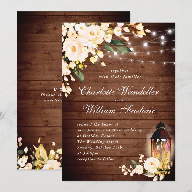 Invitation Mariage aquarelle roses et lanterne Bois & Blush (Devant / Derrière)
