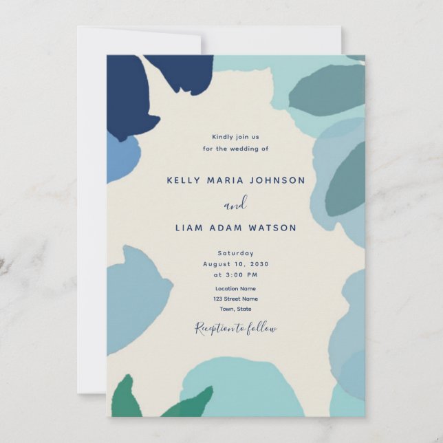 Invitation Mariage aquarelle rustique aux fleurs bleu poussié (Devant)