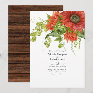 Invitation Mariage aquarelle rustique bohème tournesols rouge