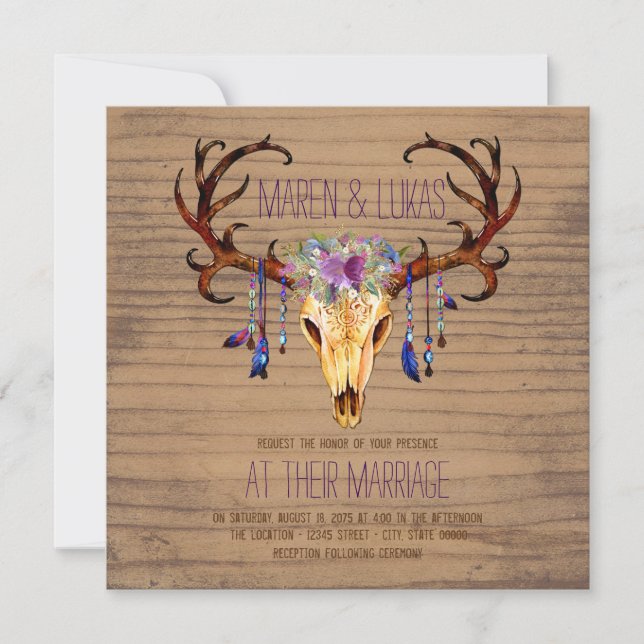 Invitation Mariage aquarelle rustique de bois de cerf (Devant)