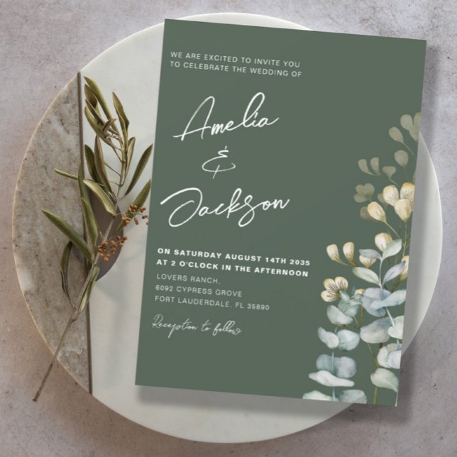 Invitation Mariage Aquarelle Rustique Eucalyptus Vert Foncé  (Créateur téléchargé)