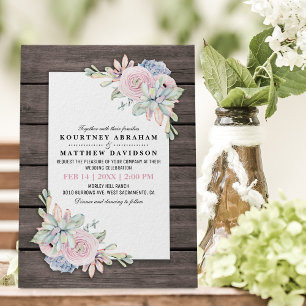 Invitation Mariage aquarelle rustique succulent pêche rose
