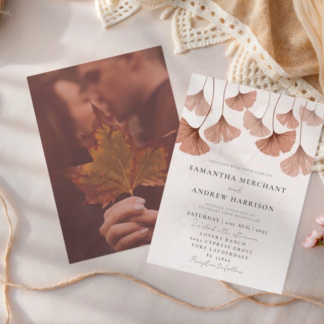 Invitation Mariage aquarelle rustique terre cuite Ginkgo  (Créateur téléchargé)