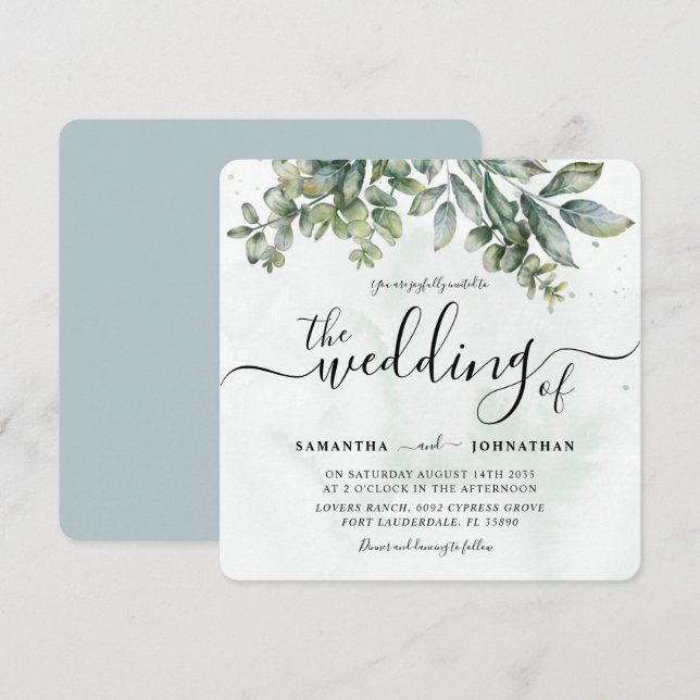 Invitation Mariage aquarelle rustique vert sauge eucalyptus e (Devant / Derrière)
