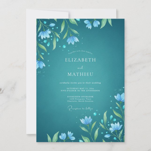 Invitation Mariage aquarelle sarcelle azur (Devant)
