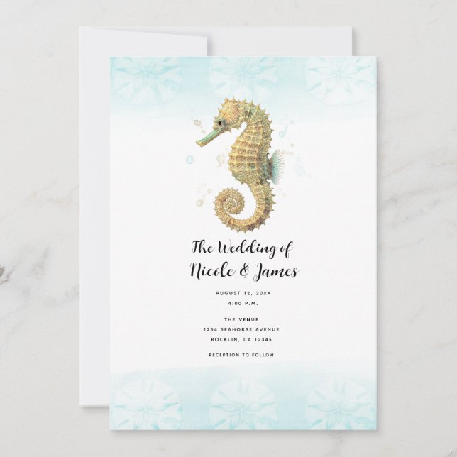 Invitation Mariage aquarelle sarcelle et or Cheval marin (Devant)