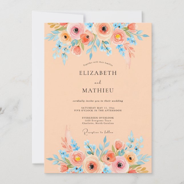 Invitation Mariage Aquarelle Sérénité Abricot (Devant)