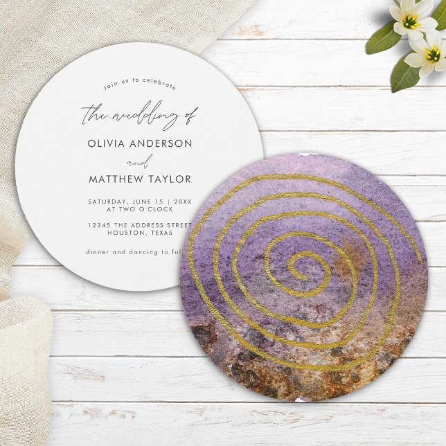 Invitation Mariage Aquarelle Simple Unique Violet Or (Front/Back)