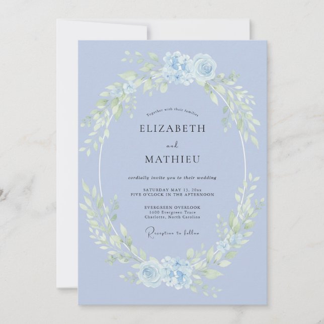 Invitation Mariage Aquarelle Sublime Bleu Pervenche (Devant)