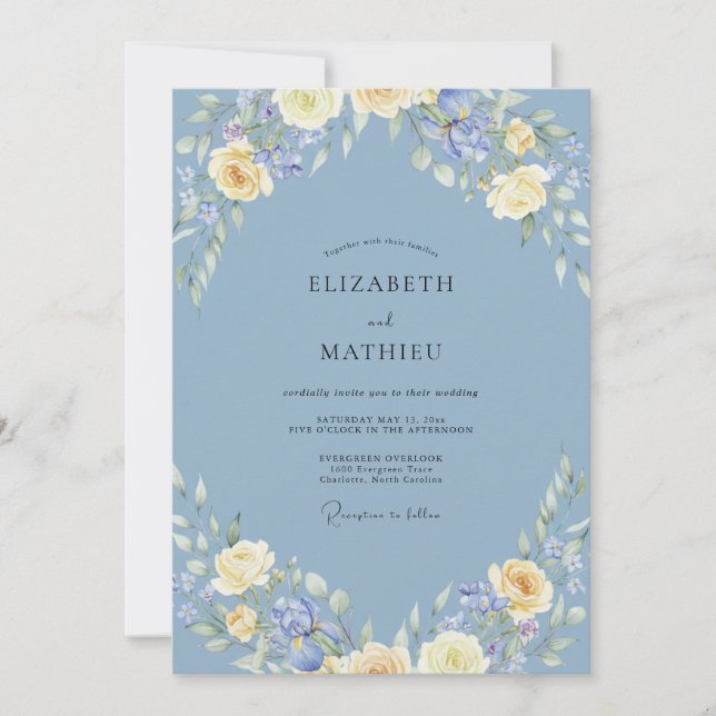 Invitation Mariage aquarelle sublime bleu poussiéreux (Devant)