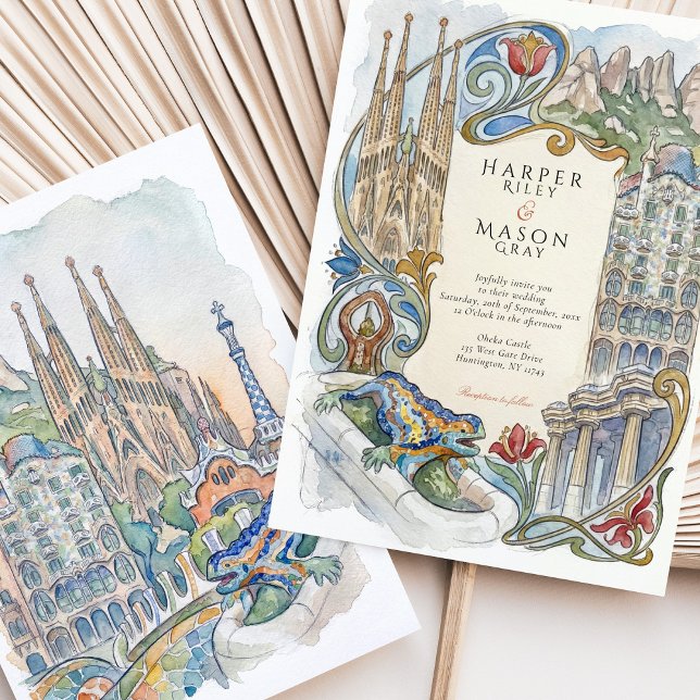 Invitation Mariage aquarelle sur les monuments Gaudí de Barce (Créateur téléchargé)