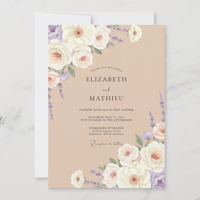 Invitation Mariage aquarelle taupe et lavande (Devant)