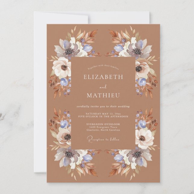 Invitation Mariage aquarelle terre cuite et Pervenche (Devant)