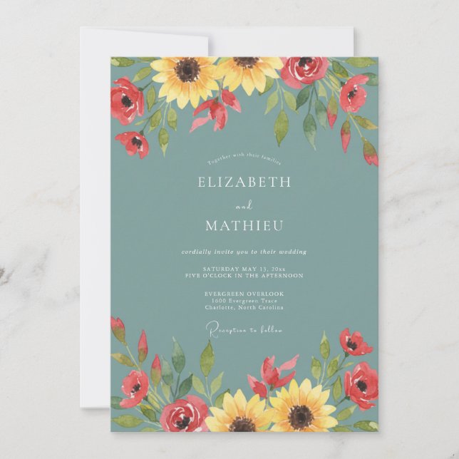 Invitation Mariage aquarelle tournesol acier (Devant)