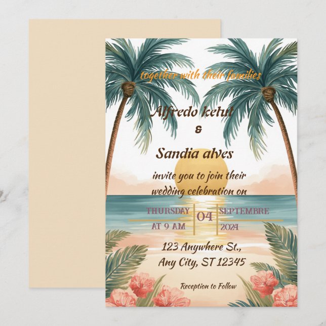 Invitation mariage aquarelle tropical palmier plage été (Devant / Derrière)