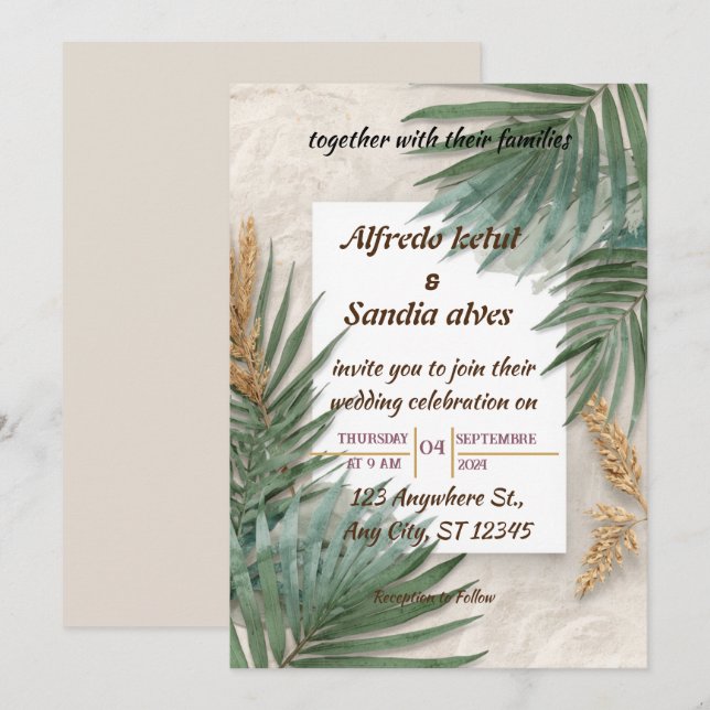 Invitation mariage aquarelle tropical palmier plage été (Devant / Derrière)