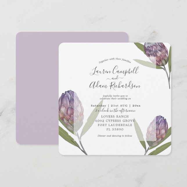 Invitation Mariage aquarelle tropical Protea violet  (Devant / Derrière)