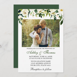 Invitation Mariage Aquarelle Vert Blanc Floral Photo