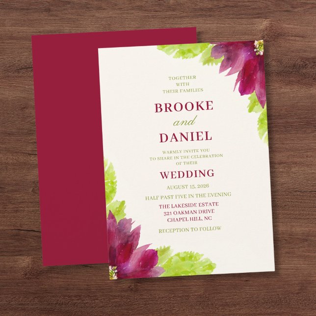 Invitation Mariage aquarelle vert citron et Bourgogne (Créateur téléchargé)