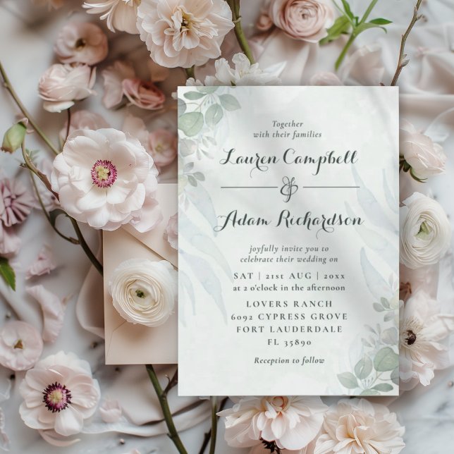 Invitation Mariage aquarelle vert eucalyptus rustique (Créateur téléchargé)