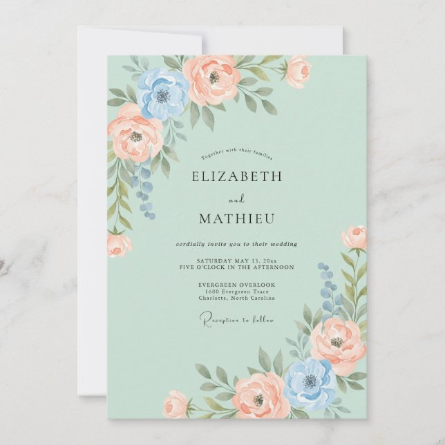 Invitation Mariage Aquarelle Vert Menthe Doux (Devant)