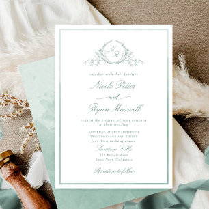 Invitation Mariage Aquarelle Vert Pâle Monogramme Classique