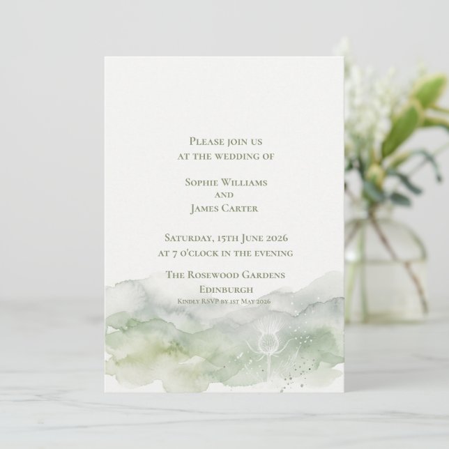 Invitation Mariage aquarelle vert sauge au chardon écossais (Debout devant)