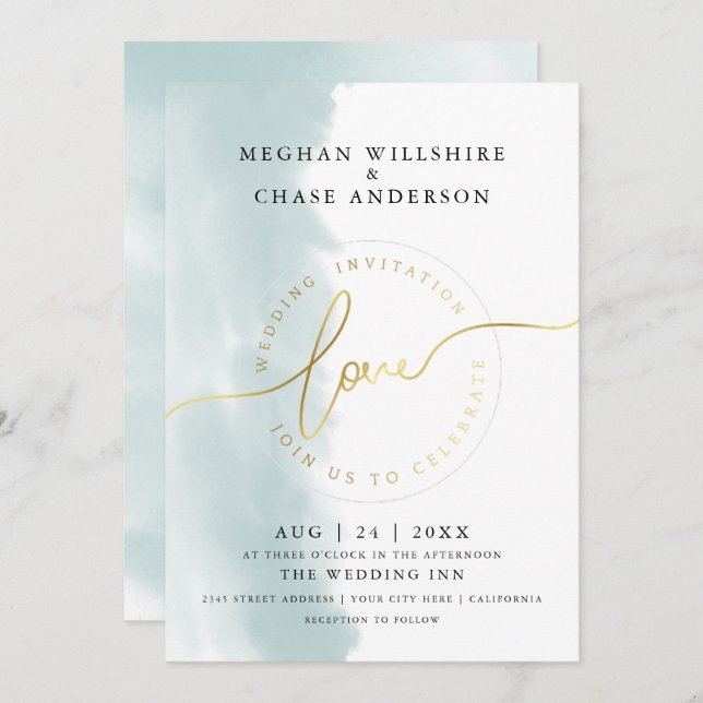 Invitation MARIAGE | Aquarelle verte Turquoise (Devant / Derrière)