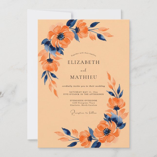 Invitation Mariage aquarelle vibrant à l'abricot (Devant)