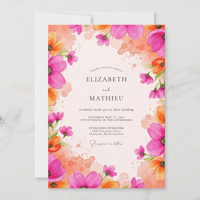 Invitation Mariage Aquarelle Vibrant Magenta (Devant)