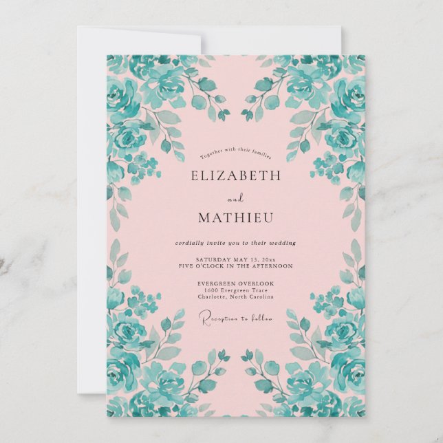 Invitation Mariage aquarelle vibrant rose et sarcelle (Devant)