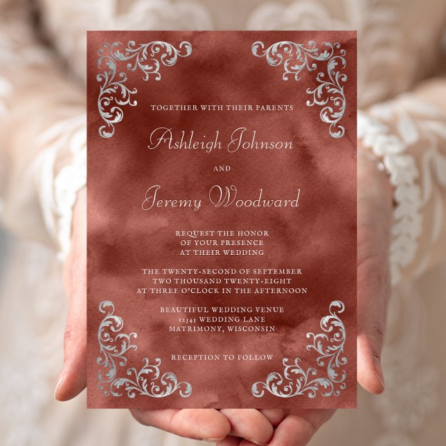 Invitation Mariage aquarelle vintage argent cannelle (Créateur téléchargé)