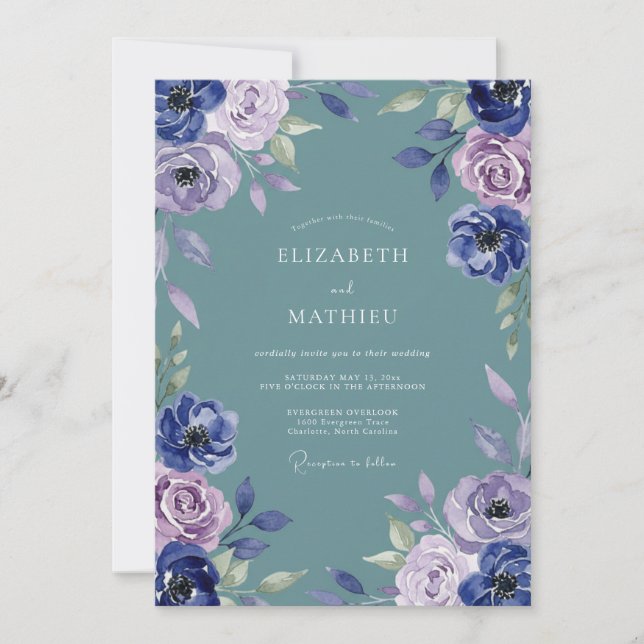 Invitation Mariage aquarelle violet ardoise (Devant)