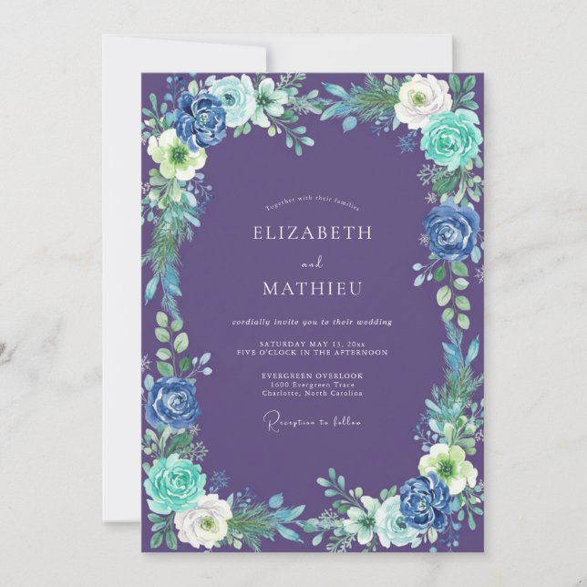 Invitation Mariage aquarelle violet et aqua (Devant)