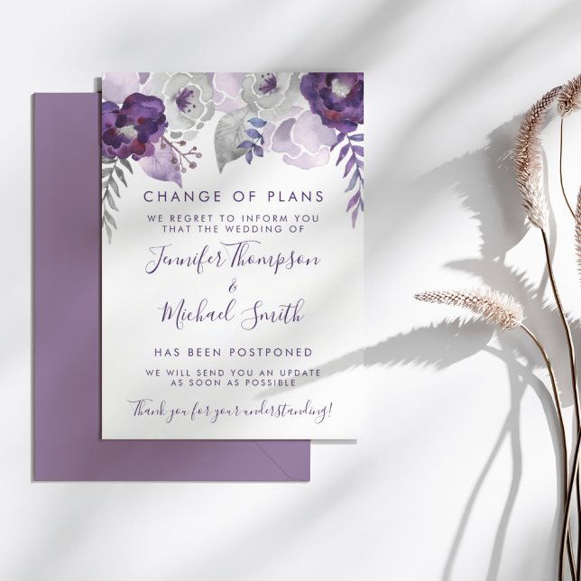 Invitation Mariage aquarelle violet et argent Changement de p (Purple & Silver Watercolor Wedding Change of Plans)