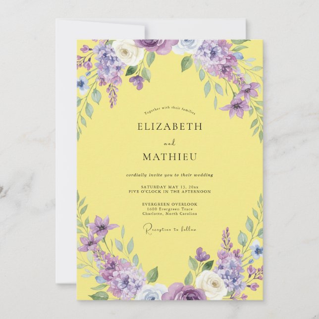 Invitation Mariage Aquarelle Violet Jaune (Devant)