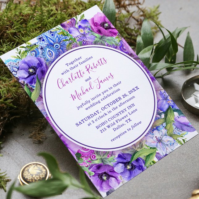 Invitation Mariage aquarelle violet rose paisley (Créateur téléchargé)