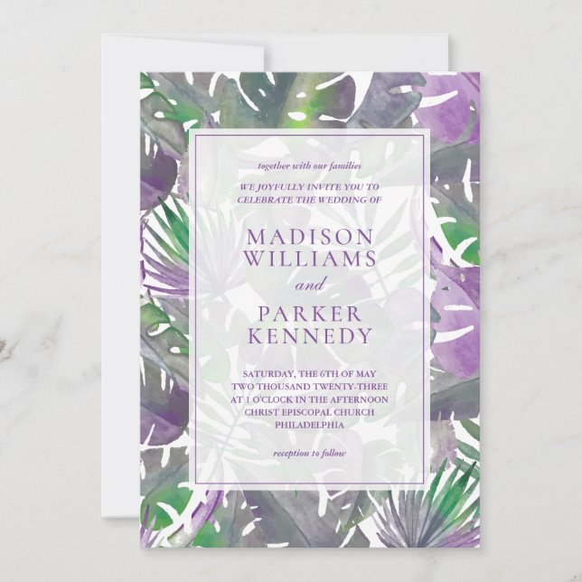Invitation Mariage Aquarelle Violet Tropical (Devant)